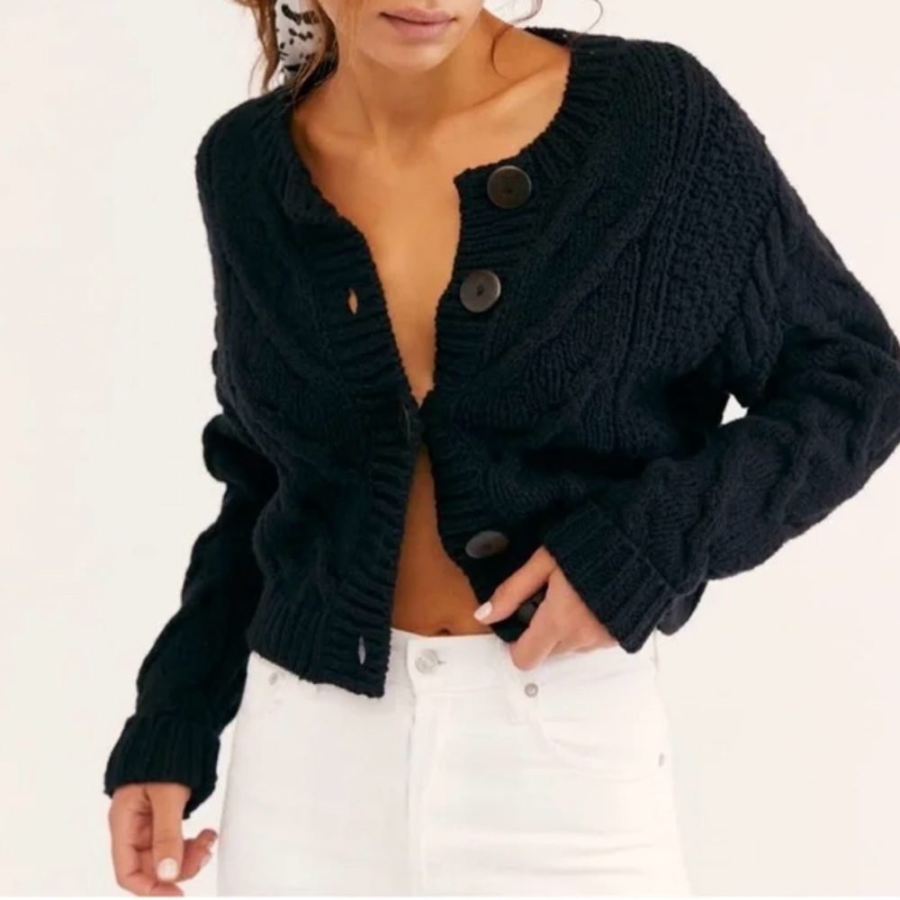 Free People Black Chunky Cable Knit Button Cardigan